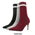 Good selling pointed toe 9 cm high heel black wine stretch knitted ladies new fashion mid-calf boots